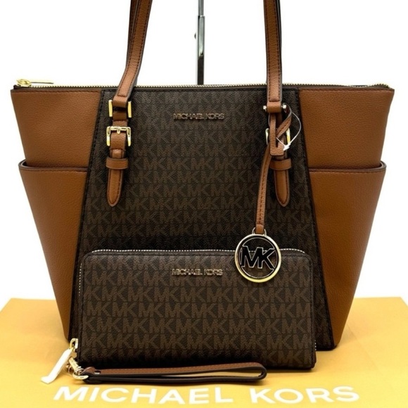 Michael Kors Large Charlotte Tote Bag & Continental Wallet Luggage Brown - Picture 1 of 13